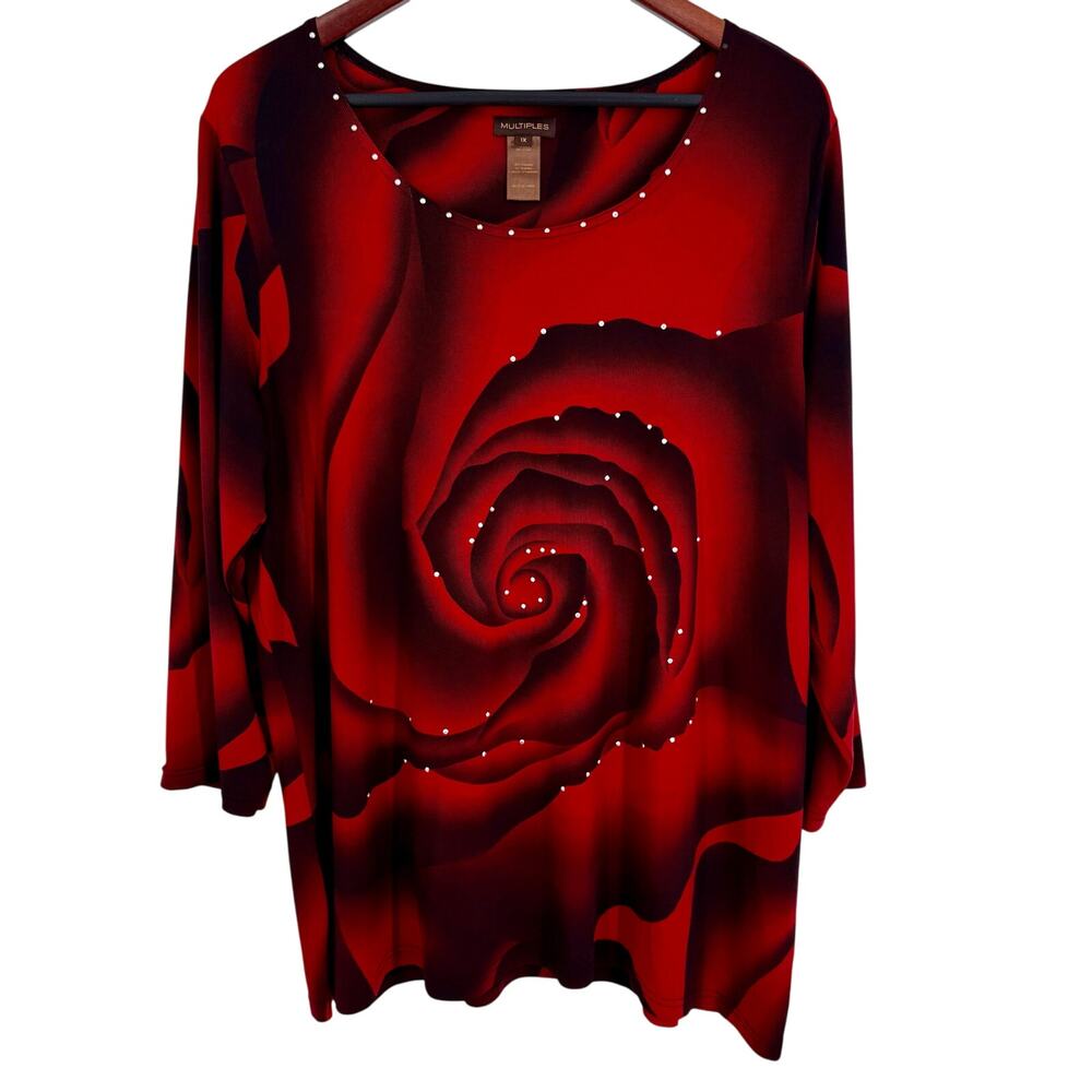 MULTIPLES Plus Size 1X Wearable Art Red Rose Stretchy Blouse Shirt Top Christmas